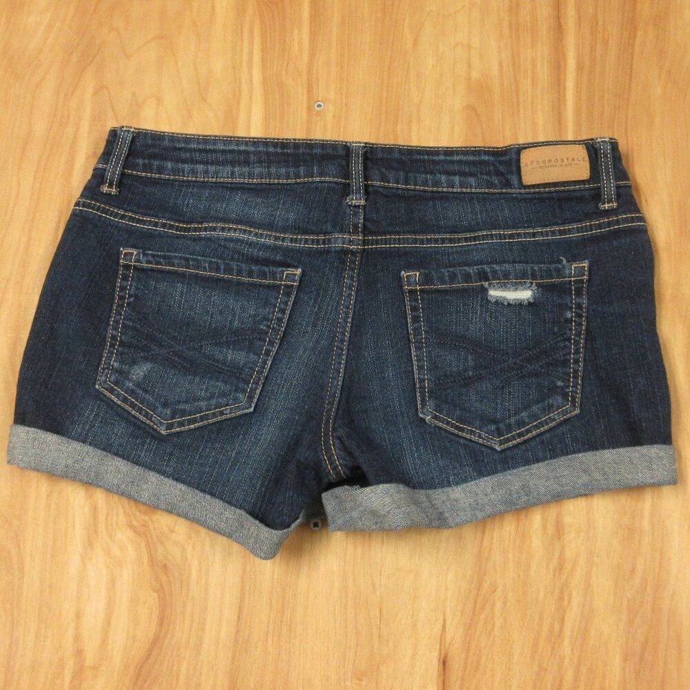 AEROPOSTALE Midi Cuffed Distressed Jean Shorts Sz 4 Ripped Dark Blue Denim Jorts - Picture 9 of 13